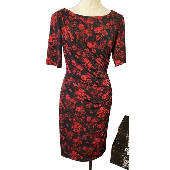 Connected Dress 6 Red Black Short Sleeve Stretch Sheath Washable Career Church - Picture 1 of 6